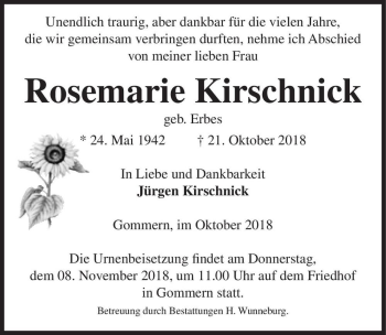 Traueranzeige von Rosemarie Kirschnick (geb. Erbes)  von Magdeburger Volksstimme