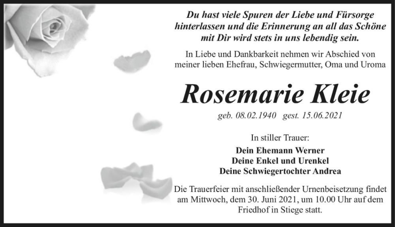  Traueranzeige für Rosemarie Kleie  vom 26.06.2021 aus Magdeburger Volksstimme