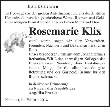 Traueranzeige von Rosemarie Klix  von Magdeburger Volksstimme