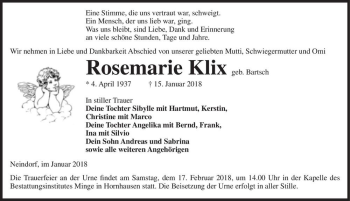 Traueranzeige von Rosemarie Klix (geb. Bartsch)  von Magdeburger Volksstimme
