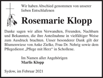 Traueranzeige von Rosemarie Klopp  von Magdeburger Volksstimme