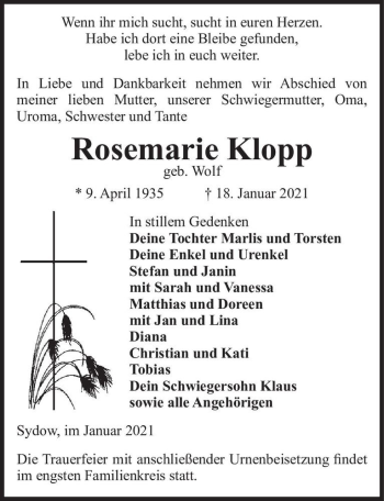 Traueranzeige von Rosemarie Klopp (geb. Wolf)  von Magdeburger Volksstimme