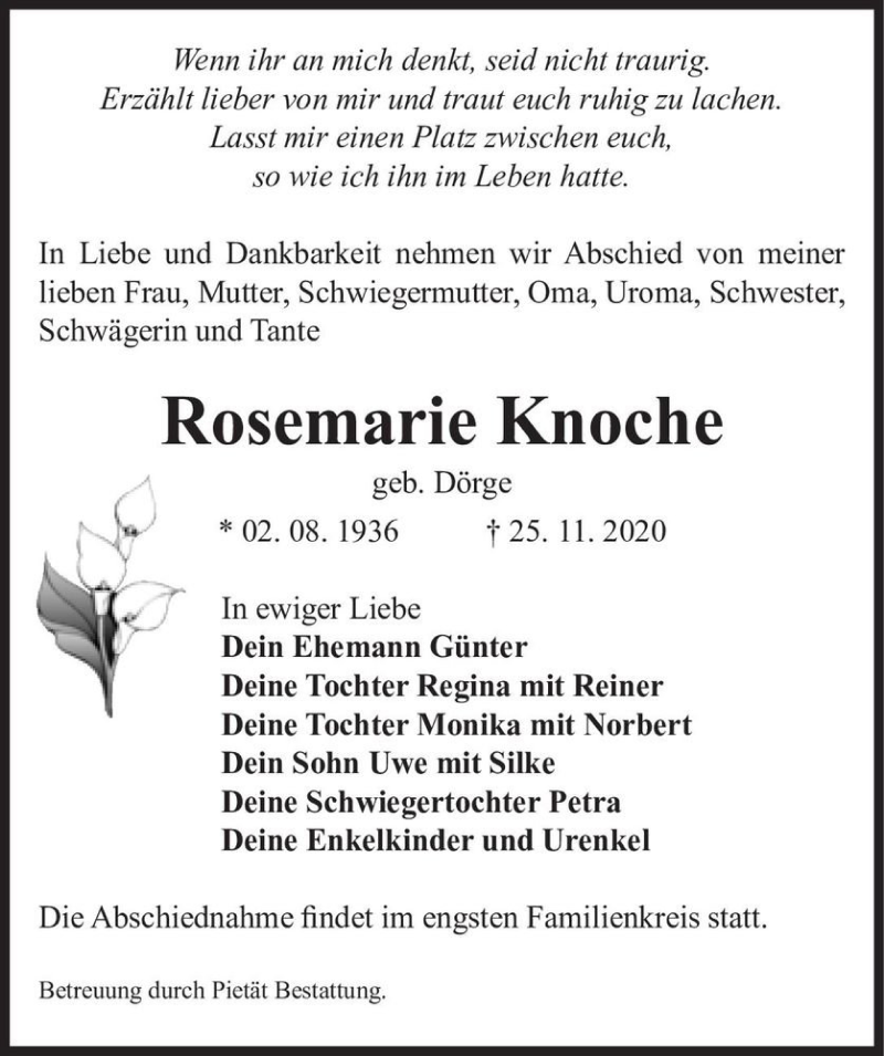  Traueranzeige für Rosemarie Knoche (geb. Dörge)  vom 19.12.2020 aus Magdeburger Volksstimme