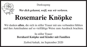 Traueranzeige von Rosemarie Knöpke  von Magdeburger Volksstimme