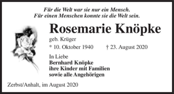 Traueranzeige von Rosemarie Knöpke (geb. Krüger)  von Magdeburger Volksstimme