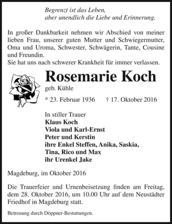Traueranzeige von Rosemarie Koch (geb. Kühle)  von Magdeburger Volksstimme