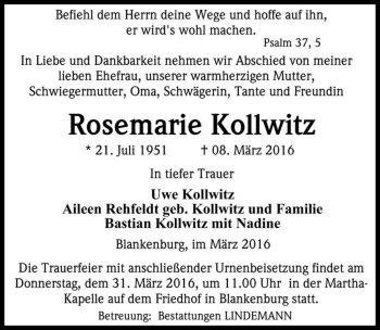 Traueranzeige von Rosemarie Kollwitz  von Magdeburger Volksstimme