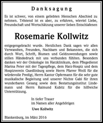 Traueranzeige von Rosemarie Kollwitz  von Magdeburger Volksstimme