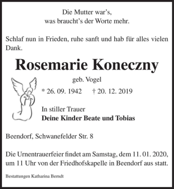 Traueranzeige von Rosemarie Koneczny (geb. Vogel)  von Magdeburger Volksstimme