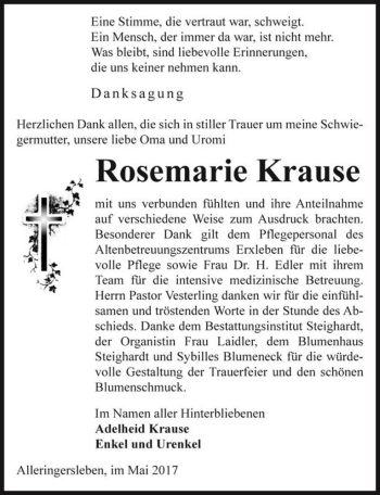 Traueranzeige von Rosemarie Krause  von Magdeburger Volksstimme