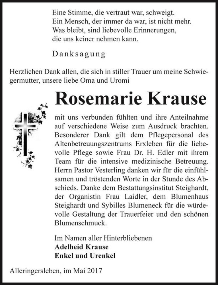  Traueranzeige für Rosemarie Krause  vom 10.05.2017 aus Magdeburger Volksstimme