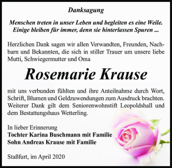 Traueranzeige von Rosemarie Krause  von Magdeburger Volksstimme