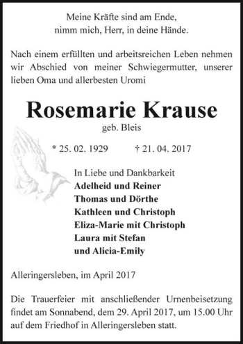 Traueranzeige von Rosemarie Krause (geb. Bleis)  von Magdeburger Volksstimme