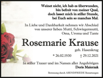 Traueranzeige von Rosemarie Krause (geb. Hasenkrug)  von Magdeburger Volksstimme