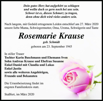 Traueranzeige von Rosemarie Krause (geb. Schmidt)  von Magdeburger Volksstimme