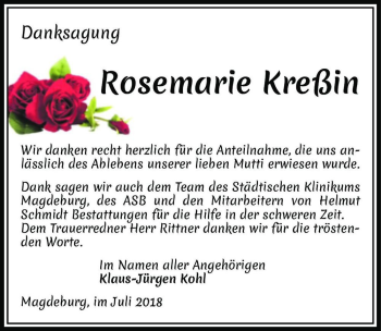 Traueranzeige von Rosemarie Kreßin  von Magdeburger Volksstimme