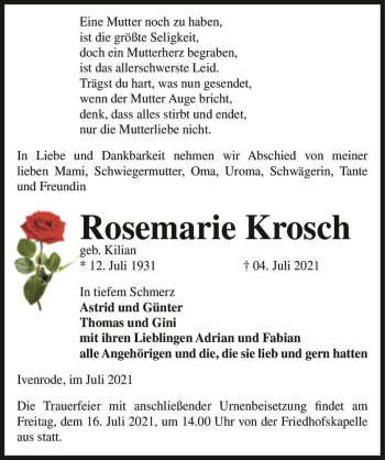Traueranzeige von Rosemarie Krosch (geb. Kilian)  von Magdeburger Volksstimme
