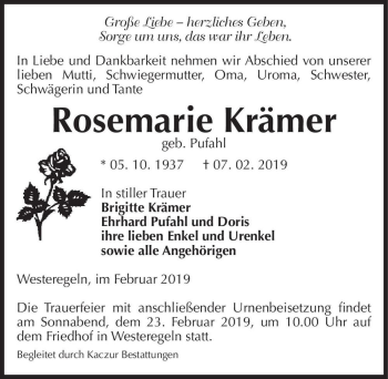 Traueranzeige von Rosemarie Krämer (geb. Pufahl)  von Magdeburger Volksstimme