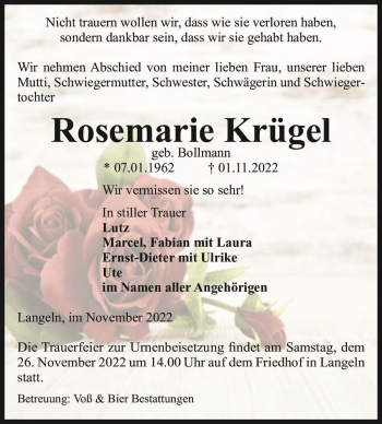 Traueranzeige von Rosemarie Krügel (geb. Bollmann)  von Magdeburger Volksstimme