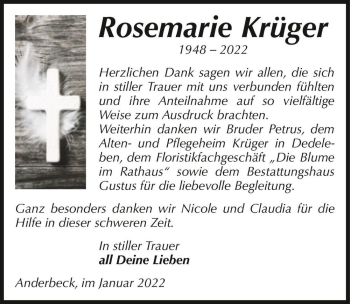 Traueranzeige von Rosemarie Krüger  von Magdeburger Volksstimme