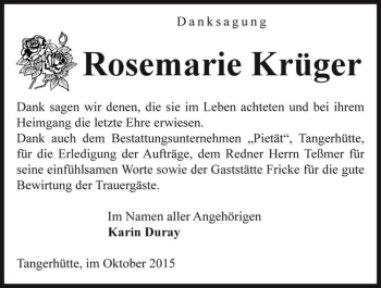 Traueranzeige von Rosemarie Krüger  von Magdeburger Volksstimme