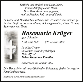 Traueranzeige von Rosemarie Krüger (geb. Schrader)  von Magdeburger Volksstimme