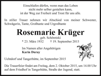 Traueranzeige von Rosemarie Krüger (geb. Schöretzki)  von Magdeburger Volksstimme