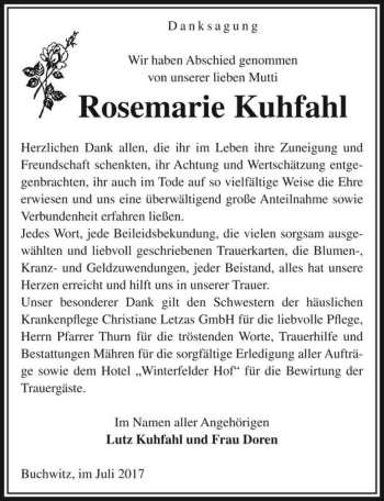 Traueranzeige von Rosemarie Kuhfahl  von Magdeburger Volksstimme