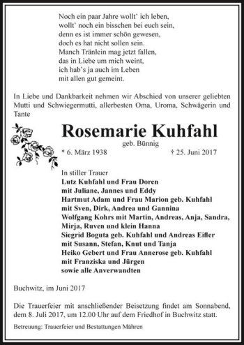 Traueranzeige von Rosemarie Kuhfahl (geb. Bünnig)  von Magdeburger Volksstimme