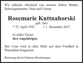 Traueranzeige von Rosemarie Kuttnahorski (geb. Jani)  von Magdeburger Volksstimme