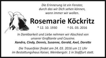Traueranzeige von Rosemarie Köckritz  von Magdeburger Volksstimme