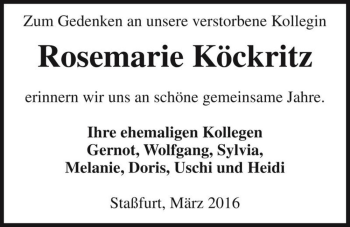 Traueranzeige von Rosemarie Köckritz  von Magdeburger Volksstimme