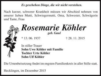 Traueranzeige von Rosemarie Köhler (geb. Gaul)  von Magdeburger Volksstimme