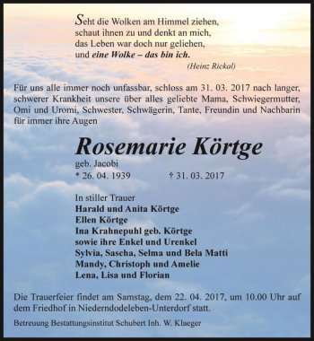 Traueranzeige von Rosemarie Körtge (geb. Jacobi)  von Magdeburger Volksstimme