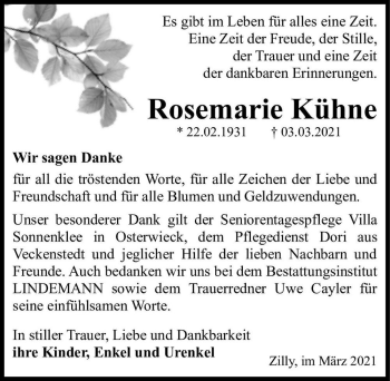 Traueranzeige von Rosemarie Kühne  von Magdeburger Volksstimme
