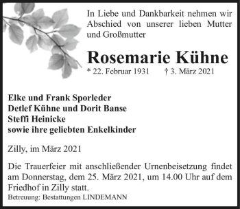Traueranzeige von Rosemarie Kühne  von Magdeburger Volksstimme