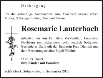 Traueranzeige von Rosemarie Lauterbach  von Magdeburger Volksstimme