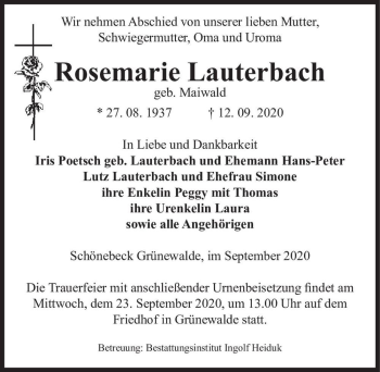 Traueranzeige von Rosemarie Lauterbach (geb. Maiwald)  von Magdeburger Volksstimme