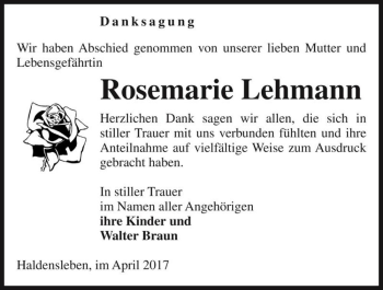 Traueranzeige von Rosemarie Lehmann  von Magdeburger Volksstimme