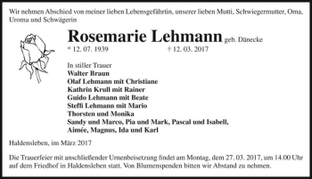 Traueranzeige von Rosemarie Lehmann (geb. Dänecke)  von Magdeburger Volksstimme