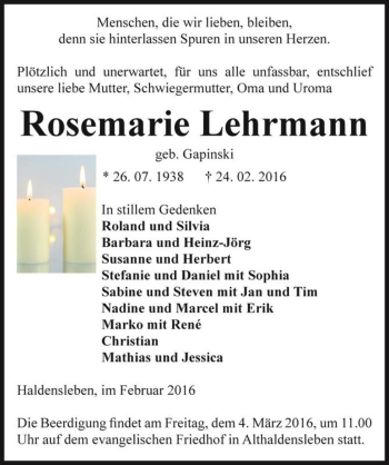 Traueranzeige von Rosemarie Lehrmann (geb. Gapinski)  von Magdeburger Volksstimme