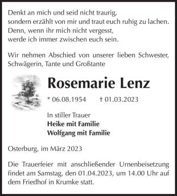 Traueranzeige von Rosemarie Lenz  von Magdeburger Volksstimme