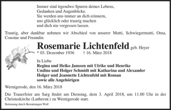 Traueranzeige von Rosemarie Lichtenfeld (geb. Heyer)  von Magdeburger Volksstimme