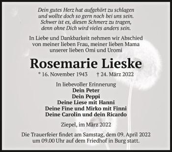 Traueranzeige von Rosemarie Lieske  von Magdeburger Volksstimme