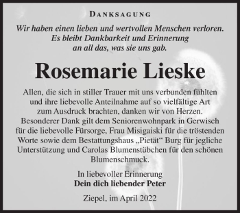 Traueranzeige von Rosemarie Lieske  von Magdeburger Volksstimme