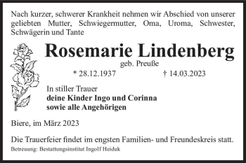 Traueranzeige von Rosemarie Lindenberg (geb. Preuße)  von Magdeburger Volksstimme