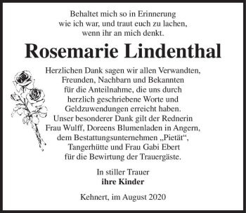 Traueranzeige von Rosemarie Lindenthal  von Magdeburger Volksstimme