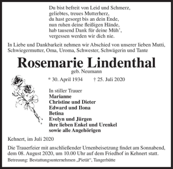 Traueranzeige von Rosemarie Lindenthal (geb. Neumann)  von Magdeburger Volksstimme