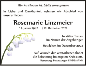Traueranzeige von Rosemarie Linzmeier  von Magdeburger Volksstimme