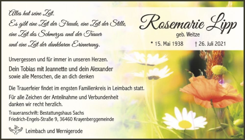 Traueranzeige für Rosemarie Lipp (geb. Weitze)  vom 21.08.2021 aus Magdeburger Volksstimme